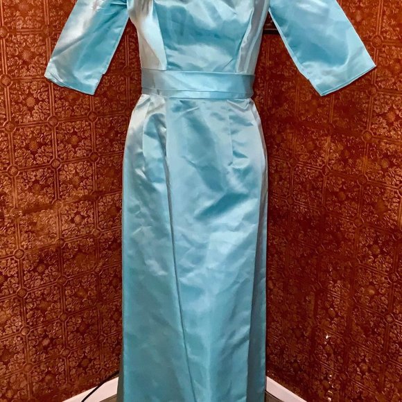 2 PIECES Vintage 1950s 2PC Turquoise Satin Wiggle Dress w/ Matching Swing Coat